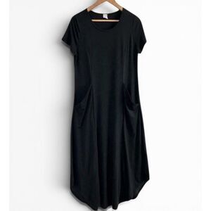 Boho Black Dress for Women L, Short Sleeve with Pockets, Casual Summer Style